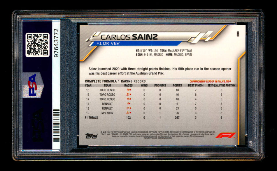 2020 Topps Chrome Sapphire F1 #8 Carlos Sainz RC Refractor Portrait PSA 10 ** (SOLD eBay - $40.00 - 1/16/2025) **