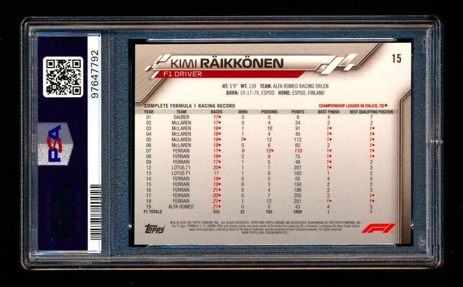 2020 Topps Chrome Sapphire F1 #15 Kimi Raikkonen RC Refractor Portrait PSA 10 ** (SOLD - $55.00 - 12/24/2024) **