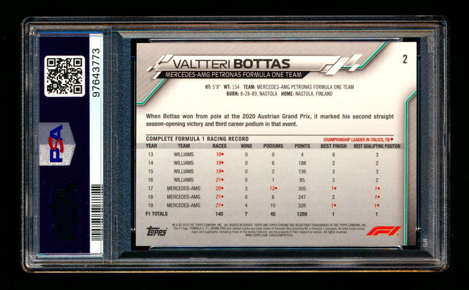 2020 Topps Chrome Sapphire F1 #2 Valtteri Bottas RC Refractor Image Variation SP PSA 10 ** (SOLD - $89.00 - 12/23/2024) **