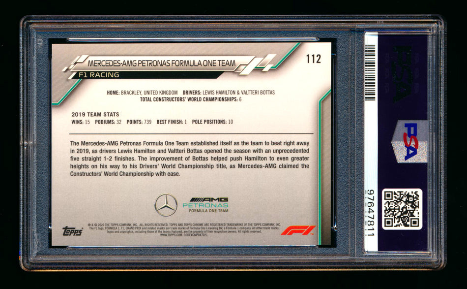 2020 Topps Chrome Sapphire F1 #112 Mercedes-AMG Petronas Team Logo RC Refractor PSA 10 ** (SOLD eBay - $89.00 - 1/7/2025) **