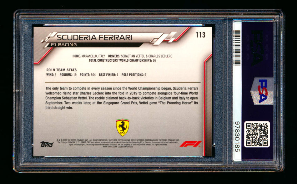 2020 Topps Chrome Sapphire F1 #113 Scuderia Ferrari Team Logo RC Refractor PSA 10 ** (SOLD eBay - $109.00 - 2/10/2025) **