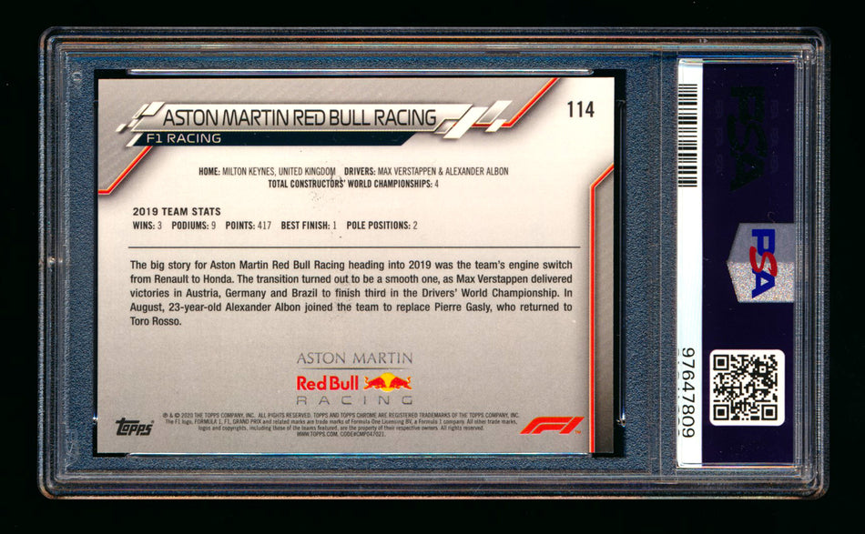 2020 Topps Chrome Sapphire F1 #114 Aston Martin Red Bull Team Logo RC Refractor PSA 10 ** (SOLD eBay - $85.00 - 3/13/2025) **