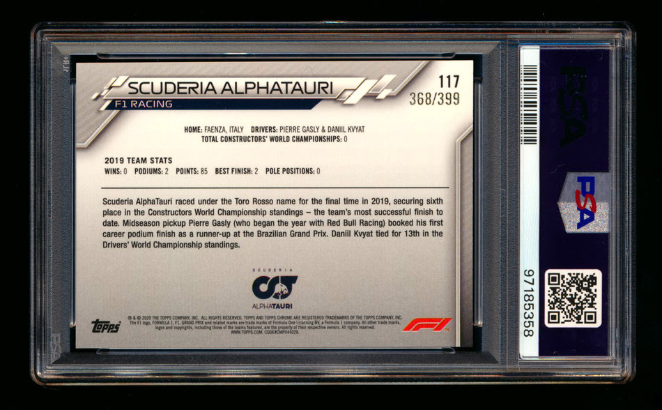 2020 Topps Chrome F1 #117 Scuderia Alphatauri Team Logo RC Purple Refractor #368/399 PSA 8 ** (SOLD eBay - $22.00 - 12/29/2024) **