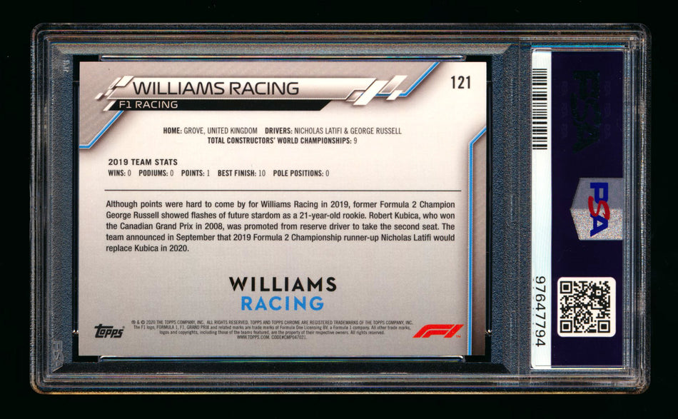 2020 Topps Chrome Sapphire F1 #121 Williams Racing Team Logo RC Refractor PSA 10 ** (SOLD - $69.00 - 1/8/2025) **