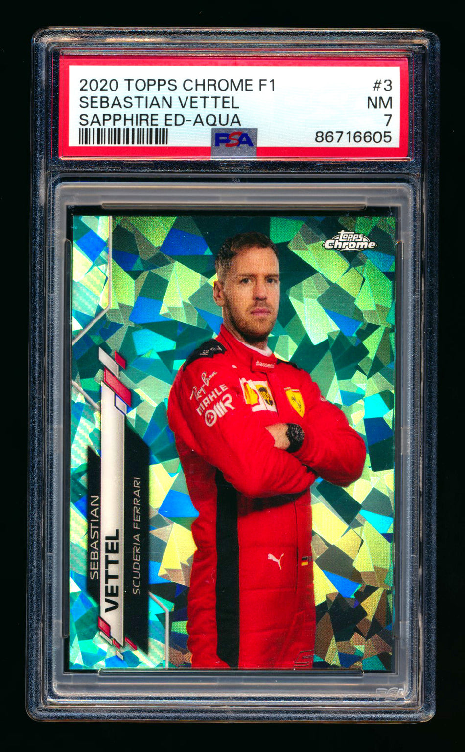 2020 Topps Chrome Sapphire F1 #3 Sebastian Vettel RC Aqua Refractor Portrait #46/99 PSA 7