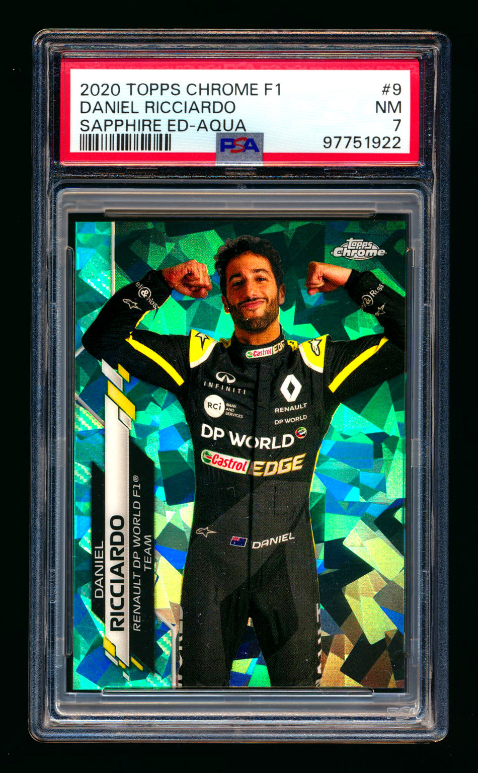 2020 Topps Chrome Sapphire F1 #9 Daniel Ricciardo RC Aqua Refractor Portrait #93/99 PSA 7