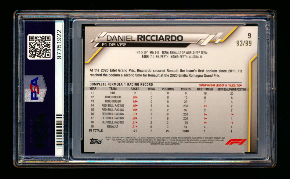 2020 Topps Chrome Sapphire F1 #9 Daniel Ricciardo RC Aqua Refractor Portrait #93/99 PSA 7