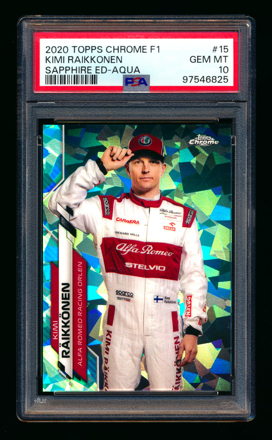 2020 Topps Chrome Sapphire F1 #15 Kimi Raikkonen RC Aqua Refractor Portrait #65/99 PSA 10