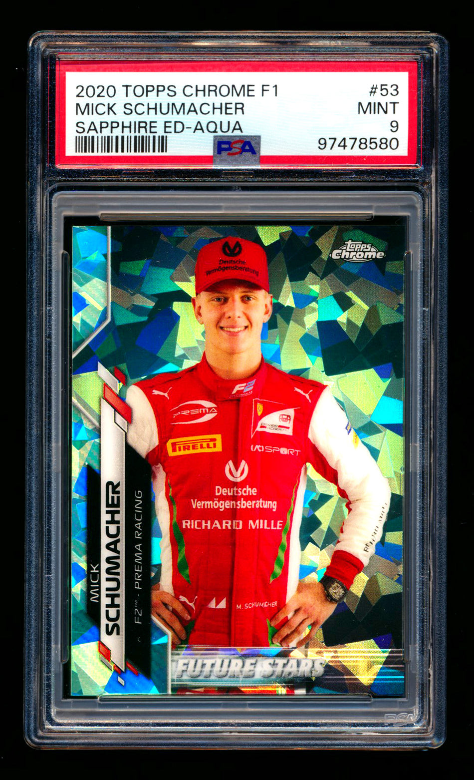 2020 Topps Chrome Sapphire F1 #53 Mick Schumacher RC Aqua Refractor #93/99 PSA 9