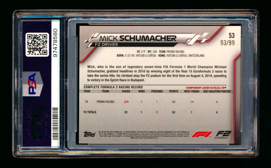 2020 Topps Chrome Sapphire F1 #53 Mick Schumacher RC Aqua Refractor #93/99 PSA 9