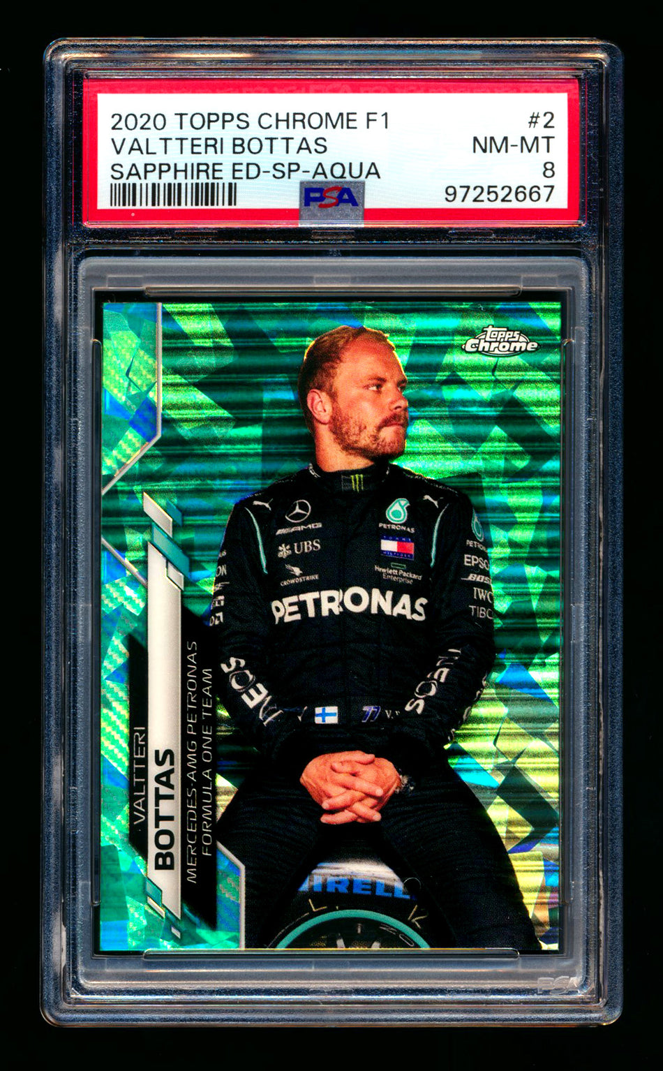 2020 Topps Chrome Sapphire F1 #2 Valtteri Bottas RC Aqua Refractor Image Variation SP #58/99 PSA 8