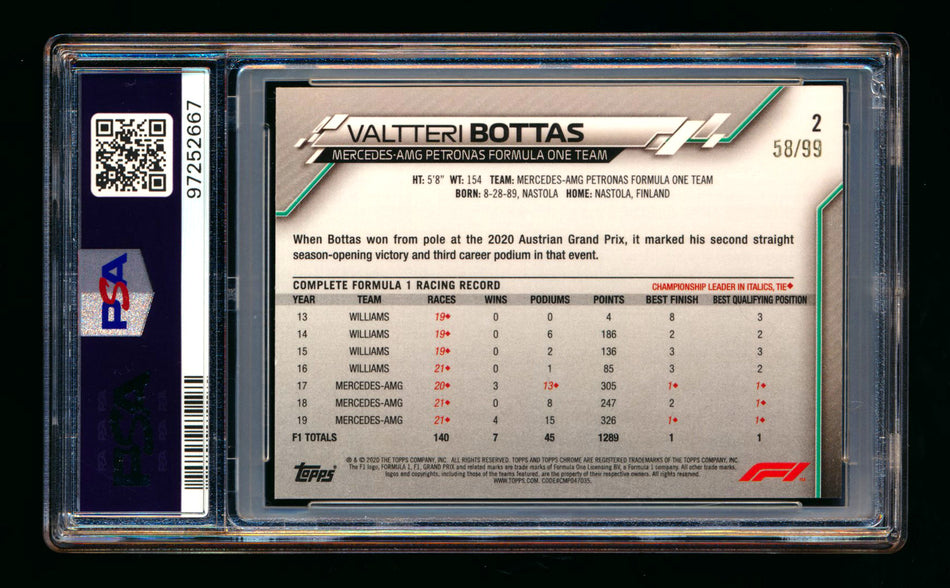 2020 Topps Chrome Sapphire F1 #2 Valtteri Bottas RC Aqua Refractor Image Variation SP #58/99 PSA 8