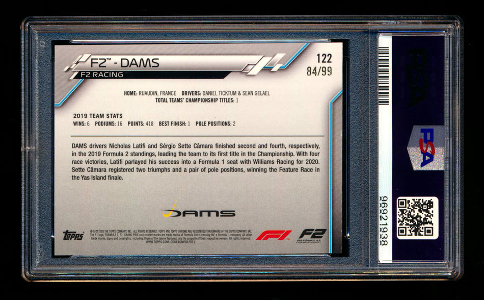 2020 Topps Chrome Sapphire F1 #122 DAMS Team Logo RC Aqua Refractor #84/99 PSA 8