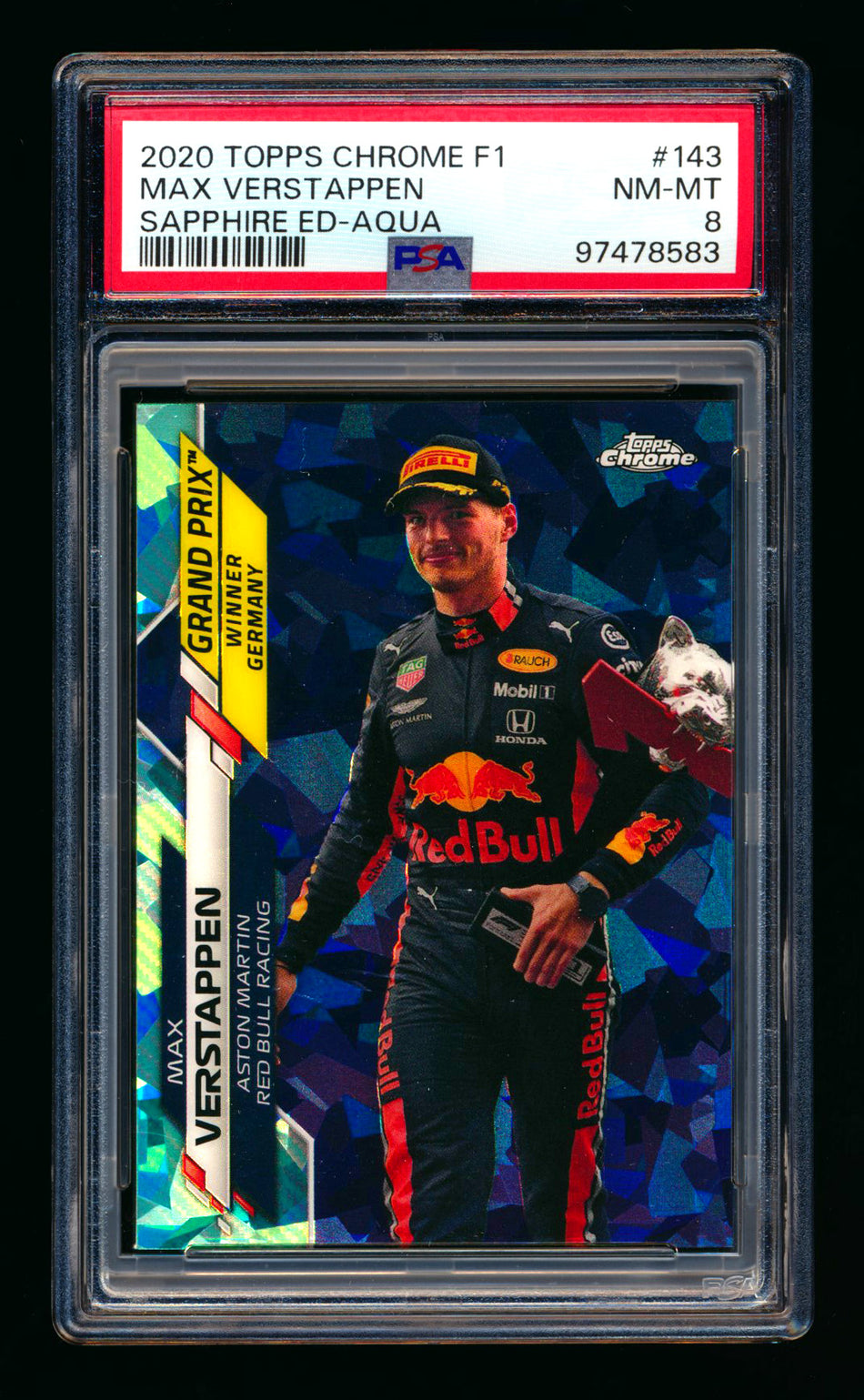 2020 Topps Chrome Sapphire F1 #143 Max Verstappen RC Aqua Refractor #01/99 PSA 8 (Car Number!)