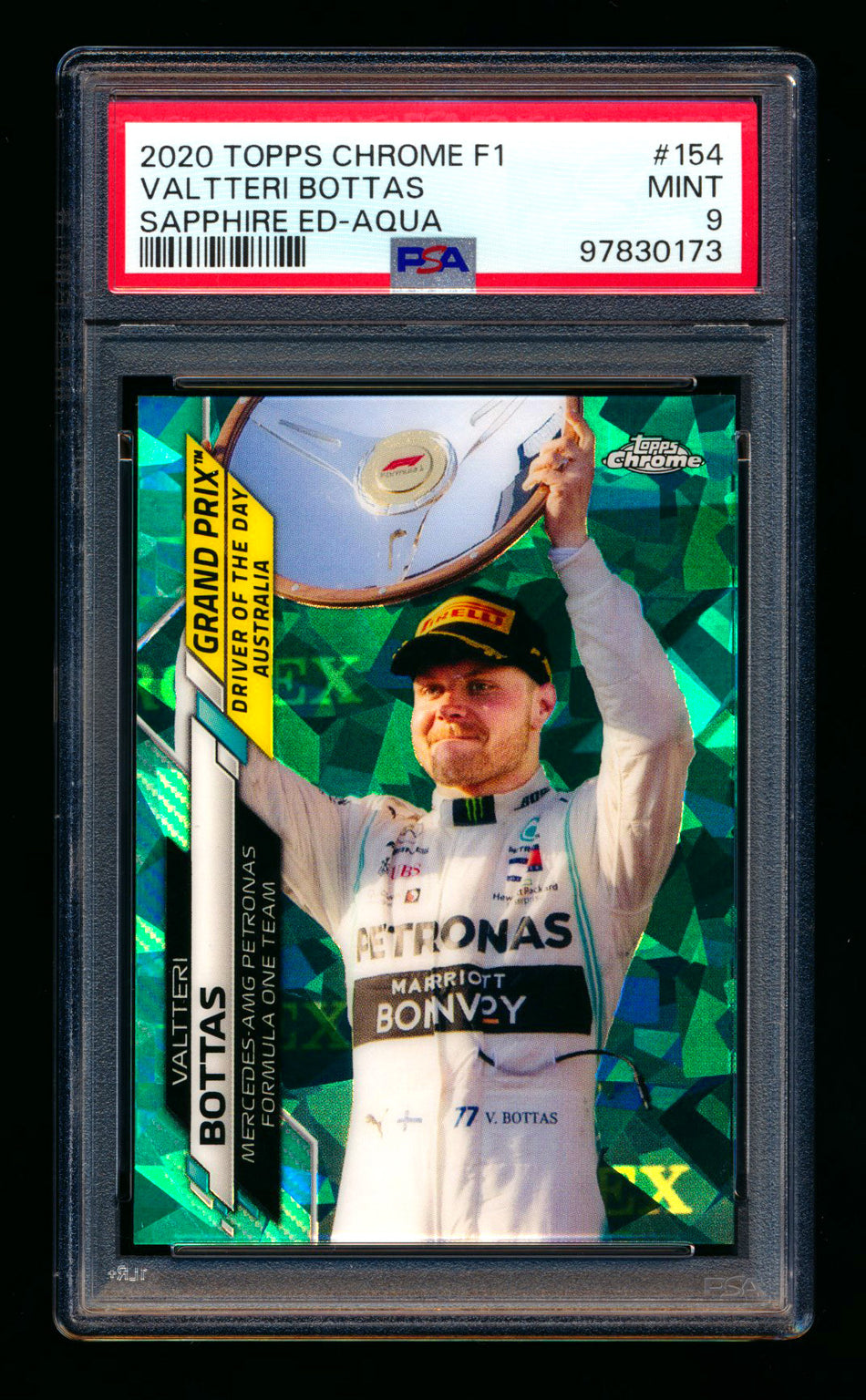 2020 Topps Chrome Sapphire F1 #154 Valtteri Bottas RC Aqua Refractor #35/99 PSA 9