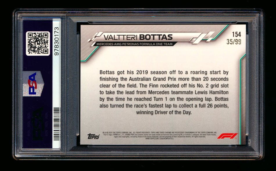 2020 Topps Chrome Sapphire F1 #154 Valtteri Bottas RC Aqua Refractor #35/99 PSA 9