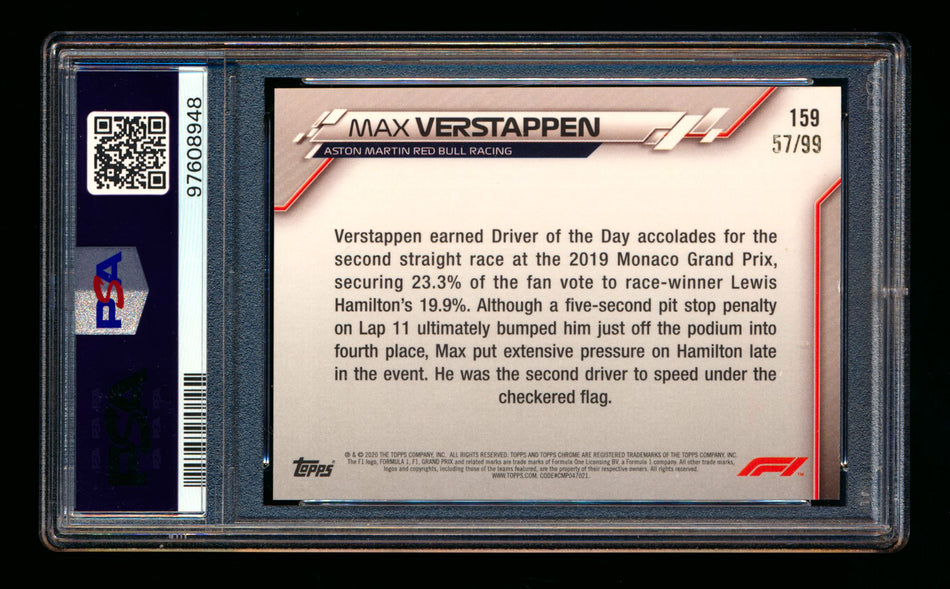 2020 Topps Chrome Sapphire F1 #159 Max Verstappen RC Aqua Refractor #57/99 PSA 8