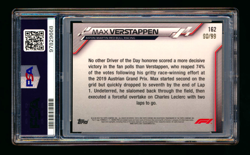 2020 Topps Chrome Sapphire F1 #162 Max Verstappen RC Aqua Refractor #90/99 PSA 10 ** (SOLD - $349.00 - 12/20/2024) **