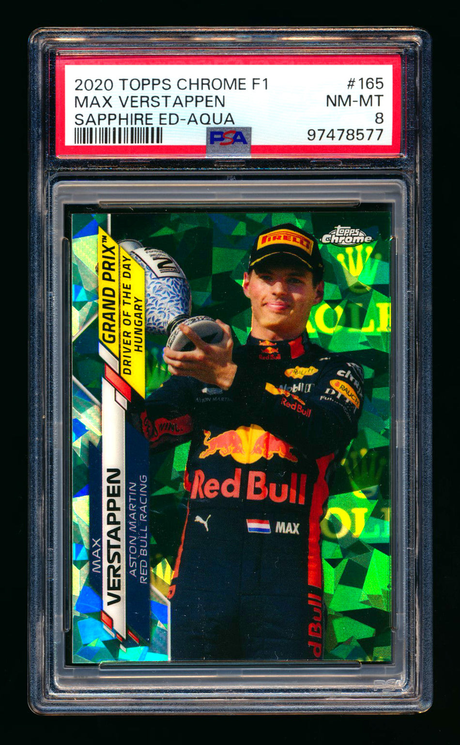 2020 Topps Chrome Sapphire F1 #165 Max Verstappen RC Aqua Refractor #35/99 PSA 8