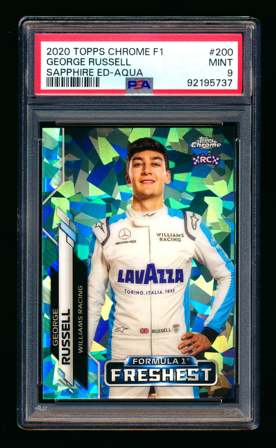 2020 Topps Chrome Sapphire F1 #200 George Russell RC Aqua Refractor #23/99 PSA 9