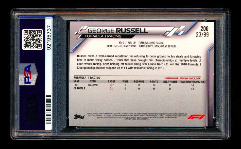 2020 Topps Chrome Sapphire F1 #200 George Russell RC Aqua Refractor #23/99 PSA 9