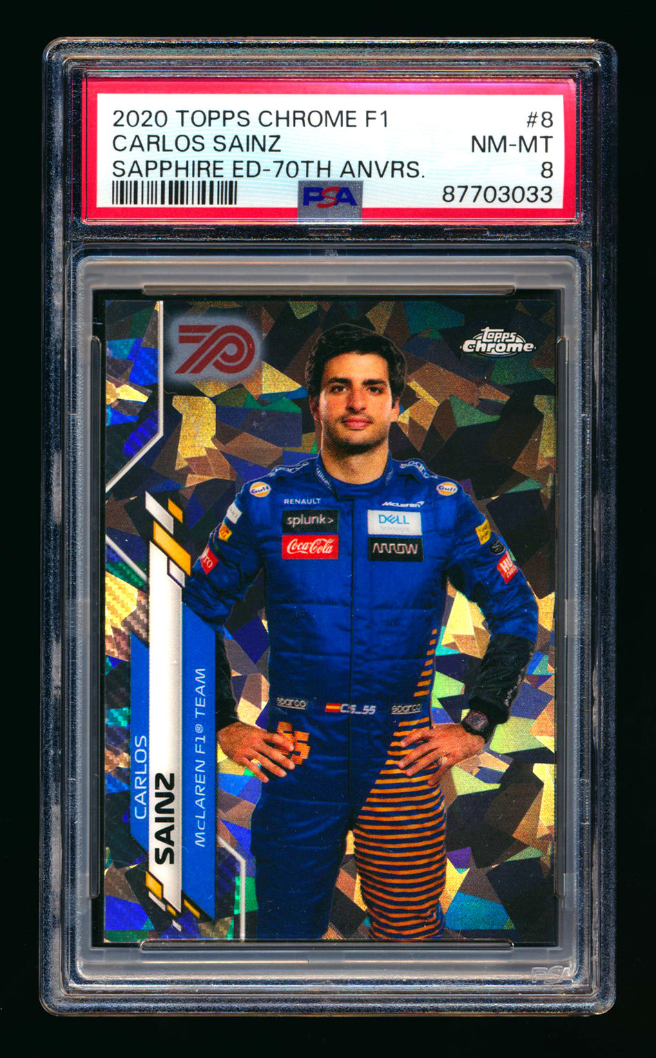 2020 Topps Chrome Sapphire F1 #8 Carlos Sainz RC 70th Silver Refractor Portrait #53/70 PSA 8