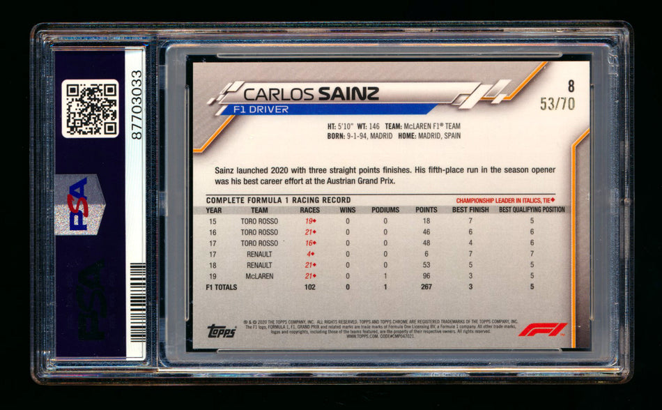 2020 Topps Chrome Sapphire F1 #8 Carlos Sainz RC 70th Silver Refractor Portrait #53/70 PSA 8