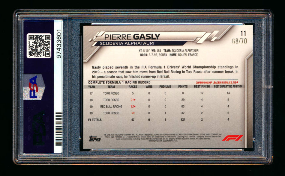 2020 Topps Chrome Sapphire F1 #11 Pierre Gasly RC 70th Silver Refractor Image Variation SP #68/70 PSA 9 ** (SOLD - $139.00 - 12/29/2024) **