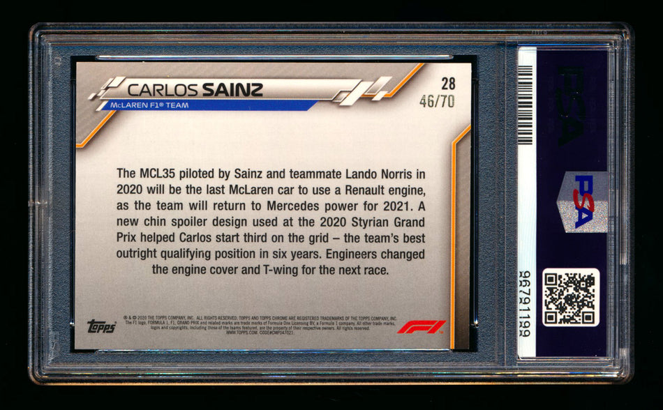 2020 Topps Chrome Sapphire F1 #28 Carlos Sainz RC 70th Silver Refractor #46/70 PSA 10