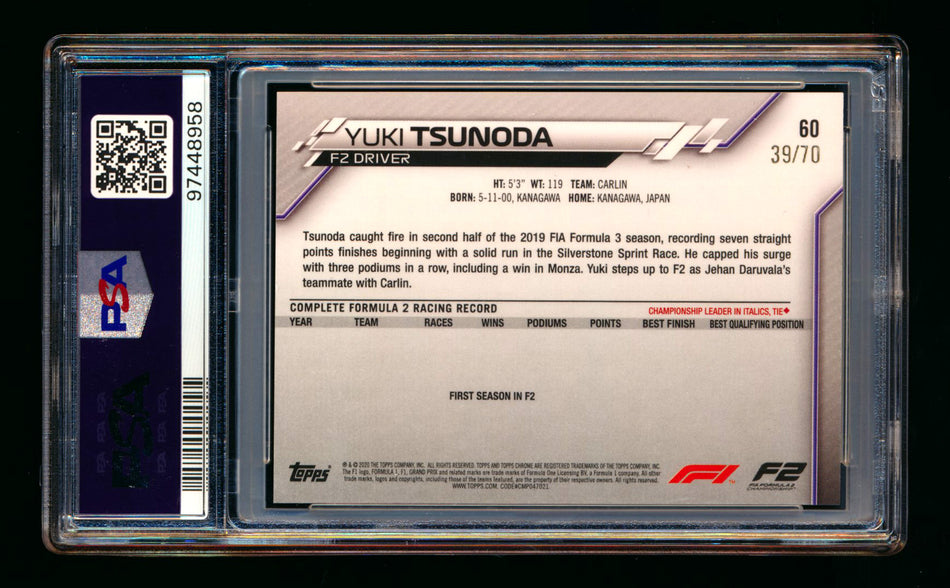 2020 Topps Chrome Sapphire F1 #60 Yuki Tsunoda RC 70th Silver Refractor #39/70 PSA 10