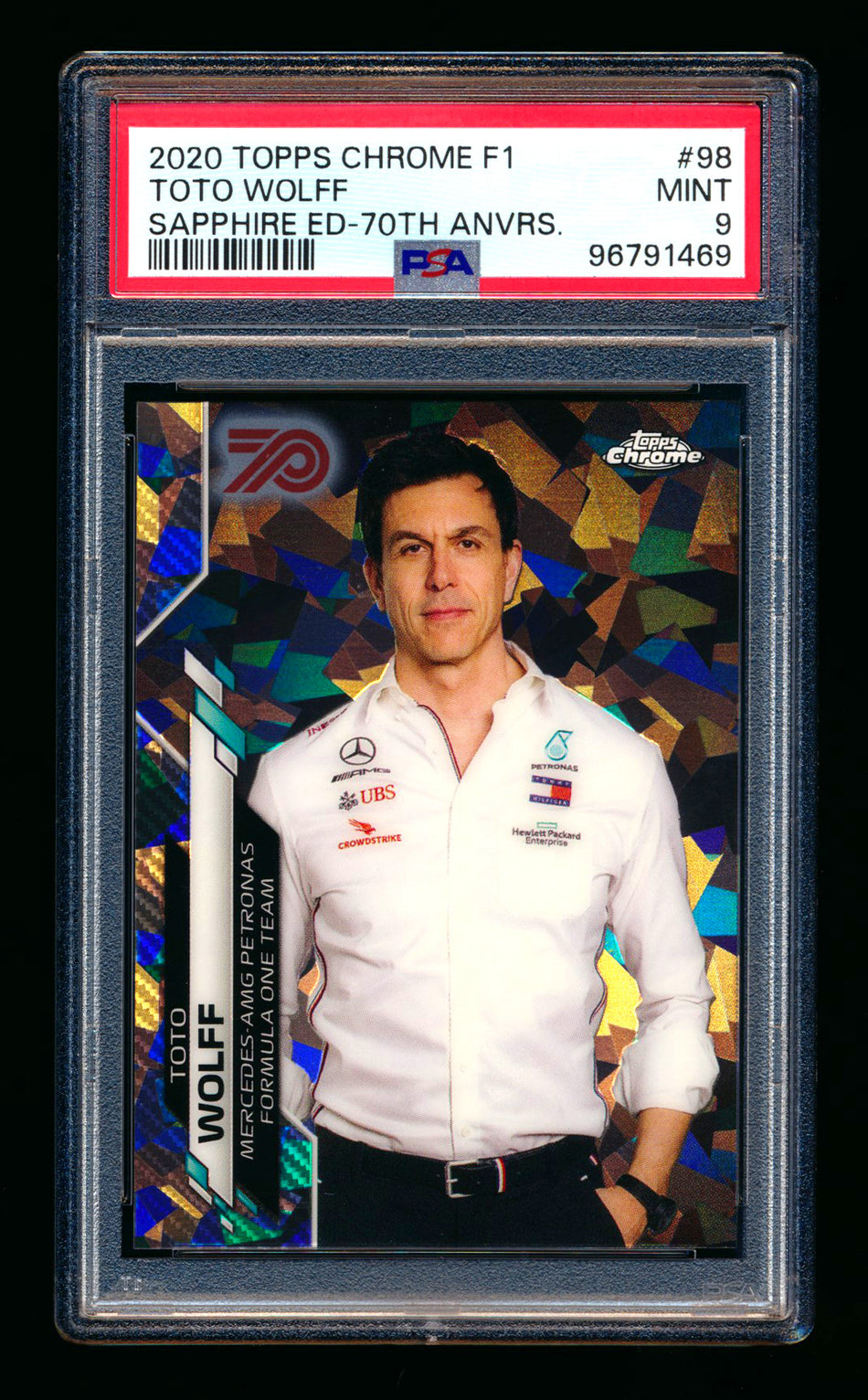 2020 Topps Chrome Sapphire F1 #98 Toto Wolff RC 70th Silver Refractor #47/70 PSA 9