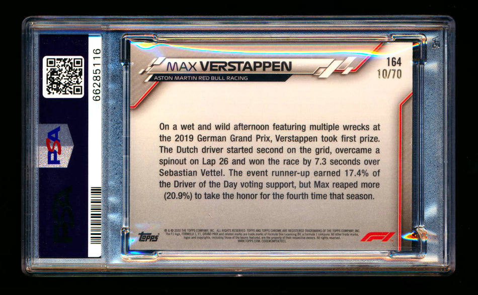 2020 Topps Chrome Sapphire F1 #164 Max Verstappen RC 70th Silver Refractor #10/70 PSA 8