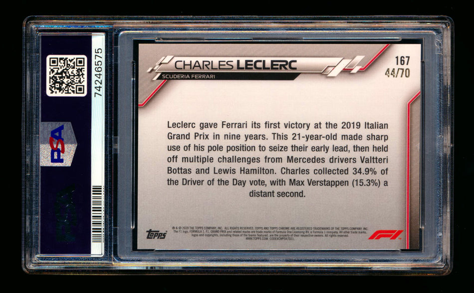 2020 Topps Chrome Sapphire F1 #167 Charles Leclerc RC 70th Silver Refractor #44/70 PSA 8 ** (SOLD - $59.00 - 1/17/2025) **