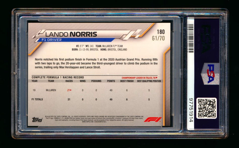 2020 Topps Chrome Sapphire F1 #180 Lando Norris RC 70th Silver Refractor #61/70 PSA 9