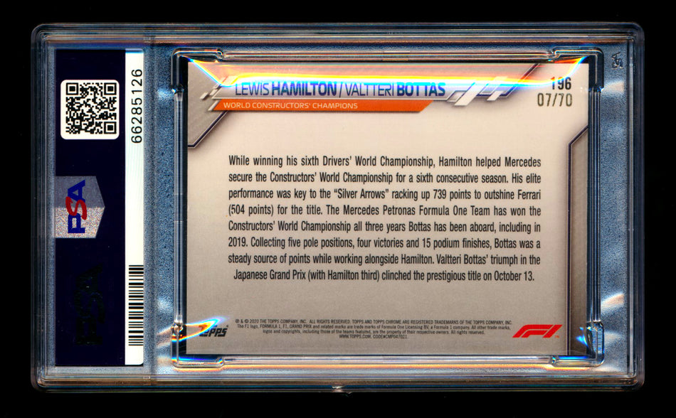 2020 Topps Chrome Sapphire F1 #196 Lewis Hamilton/Valtteri Bottas RC 70th Silver Refractor #07/70 PSA 8