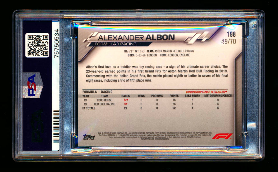 2020 Topps Chrome Sapphire F1 #198 Alexander Albon RC 70th Silver Refractor #49/70 PSA 8 ** (SOLD - $55.00 - 1/17/2025) **