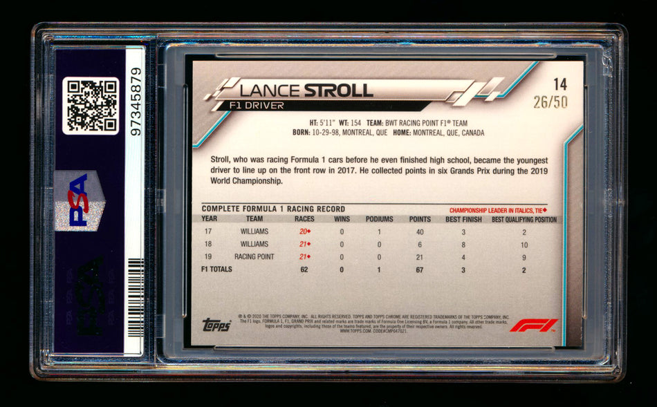 2020 Topps Chrome Sapphire F1 #14 Lance Stroll RC Gold Refractor Portrait #26/50 PSA 10 ** (SOLD - $399.00 - 12/28/2024) **