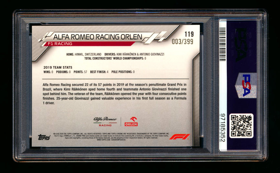2020 Topps Chrome F1 #119 Alfa Romeo Racing Orlen Team Logo RC Purple Refractor #003/399 PSA 8 ** (SOLD - $25.00 - 12/25/2024) **