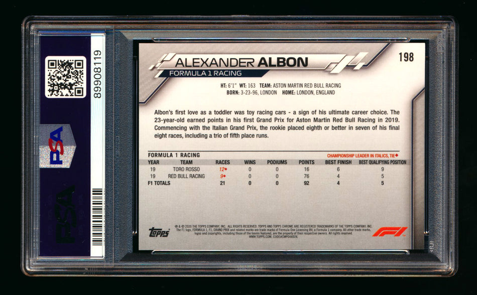 2020 Topps Chrome F1 #198 Alexander Albon RC 70th Anniversary Orange Refractor PSA 10