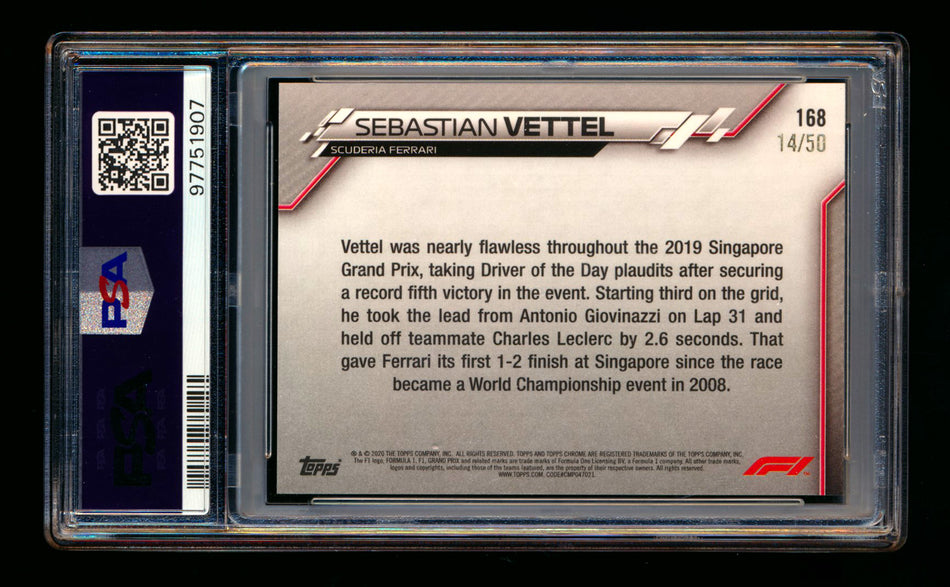 2020 Topps Chrome Sapphire F1 #168 Sebastian Vettel RC Gold Refractor #14/50 PSA 7