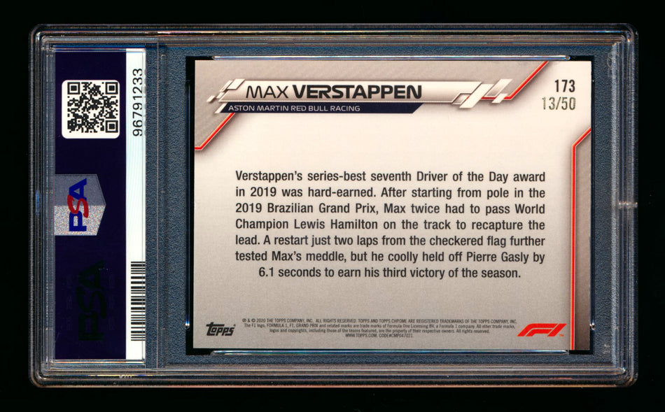 2020 Topps Chrome Sapphire F1 #173 Max Verstappen RC Gold Refractor #13/50 PSA 8