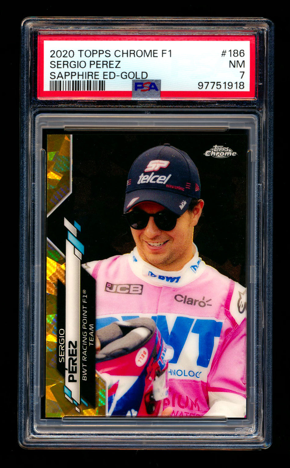 2020 Topps Chrome Sapphire F1 #186 Sergio Perez RC Gold Refractor #13/50 PSA 7