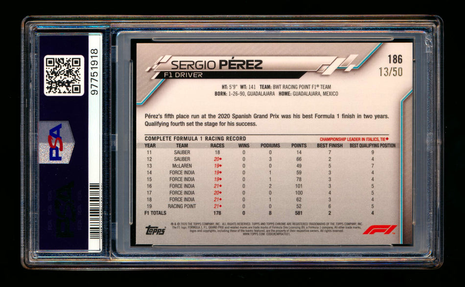 2020 Topps Chrome Sapphire F1 #186 Sergio Perez RC Gold Refractor #13/50 PSA 7