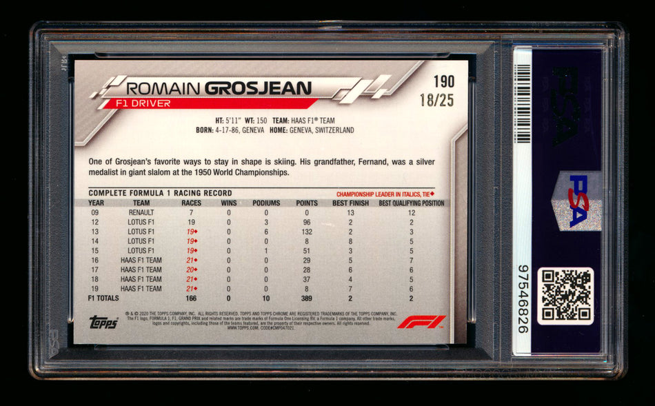 2020 Topps Chrome Sapphire F1 #190 Romain Grosjean RC Orange Refractor #18/25 PSA 8