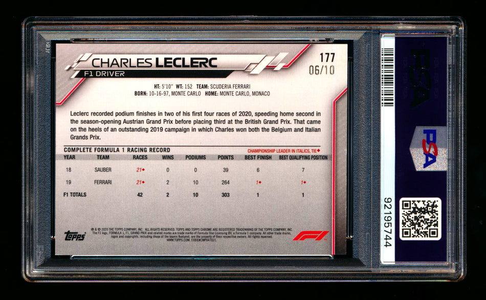 2020 Topps Chrome Sapphire F1 #177 Charles Leclerc RC Purple Refractor #06/10 PSA 8