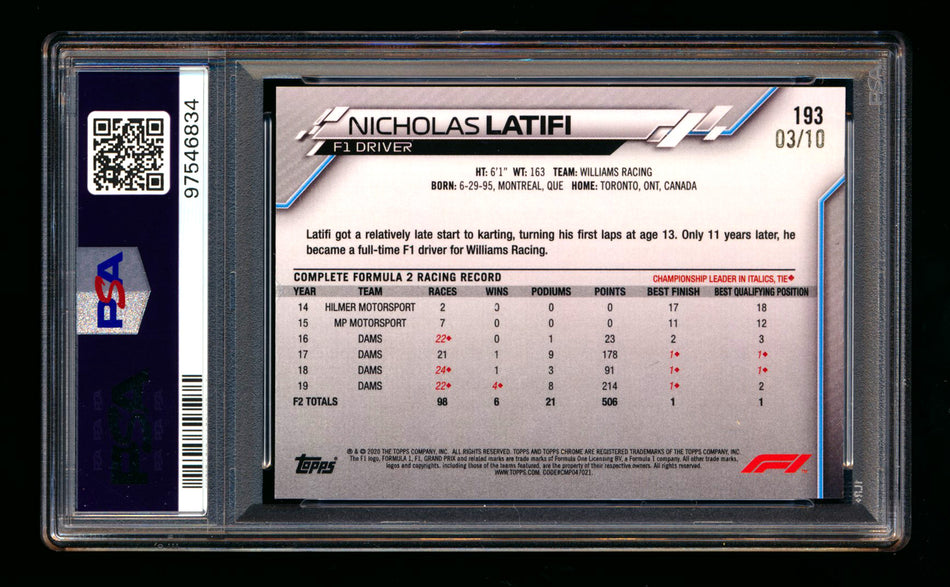 2020 Topps Chrome Sapphire F1 #193 Nicholas Latifi RC Purple Refractor #03/10 PSA 8