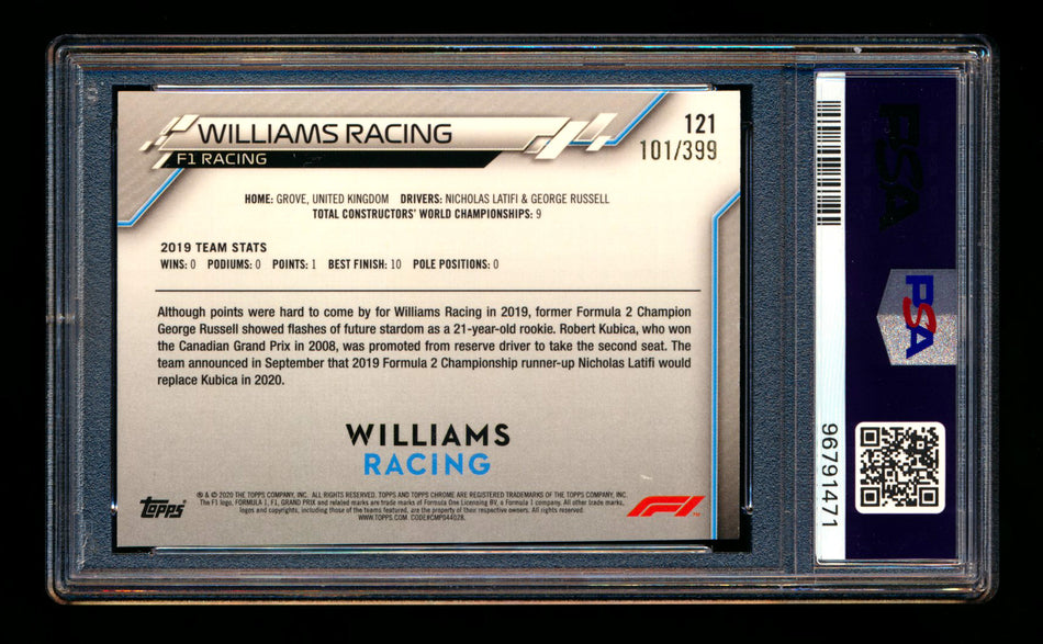 2020 Topps Chrome F1 #121 Williams Racing Team Logo RC Purple Refractor #101/399 PSA 8 ** (SOLD Card Show - $25.00 - 2/16/2025) **