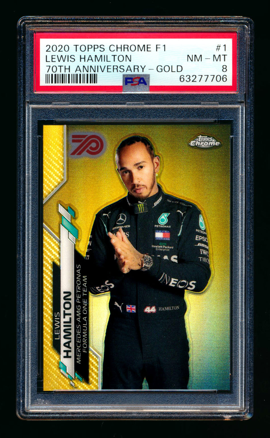 2020 Topps Chrome F1 #1 Lewis Hamilton RC 70th Anniversary Gold Refractor Portrait PSA 8