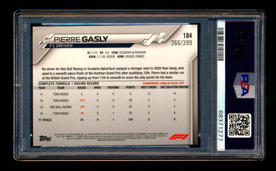 2020 Topps Chrome F1 #184 Pierre Gasly RC Purple Refractor #366/399 PSA 10