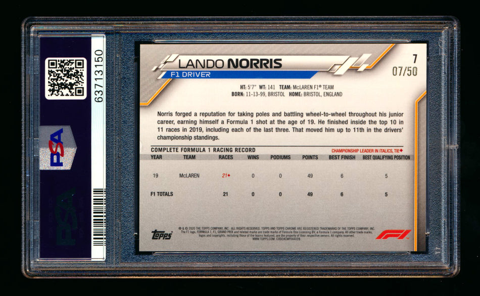 2020 Topps Chrome F1 #7 Lando Norris RC Gold Wave Refractor Portrait #07/50 PSA 7